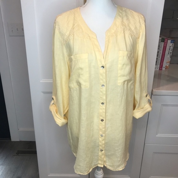 Chico’s yellow linen button down tunic Sz medium - Picture 1 of 12
